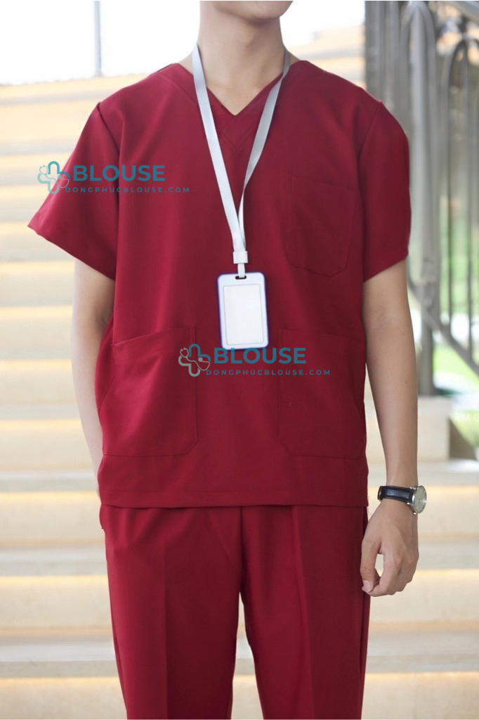 Bộ Scrubs Cổ Tim Màu Đỏ Đô Cao Cấp - Mã SC07
