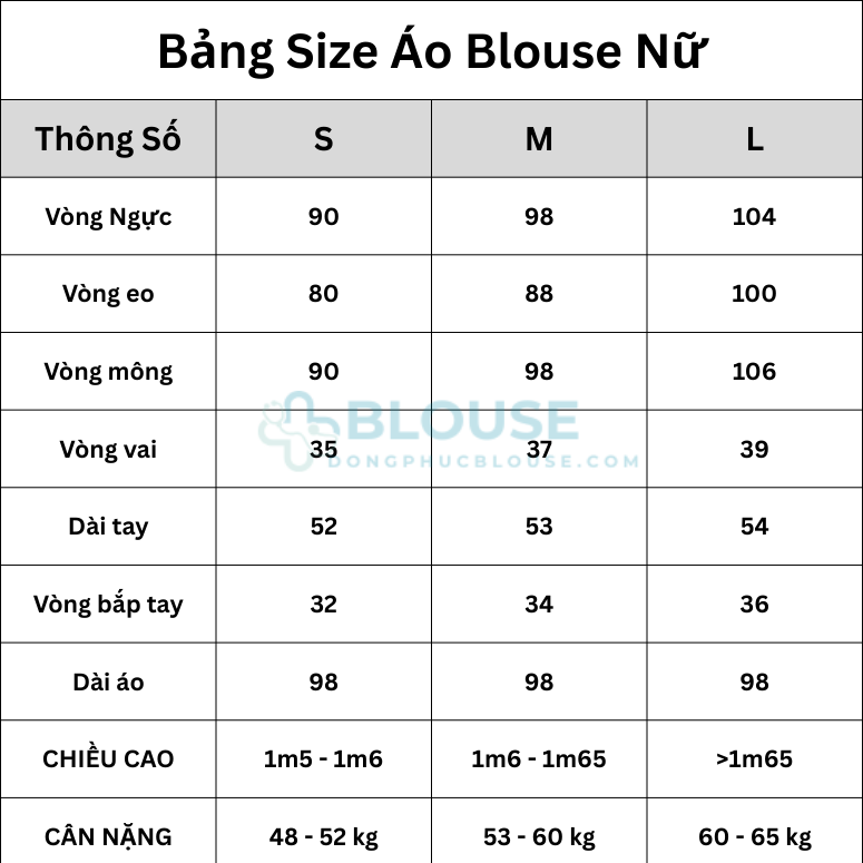 bảng size dành riêng cho áo blouse bác sĩ nữ