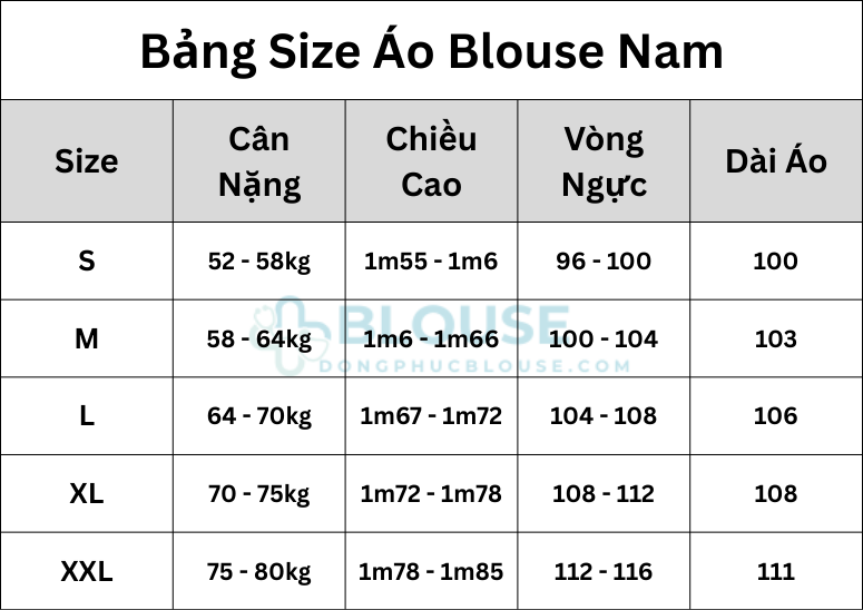 Bảng Size Áo Blouse Nam