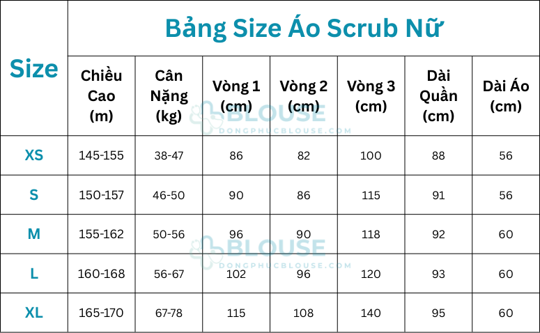 Bảng Size Chọn Áo Scrub Nữ