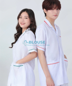 Áo blouse dược sĩ cộc tay viền màu xanh lá cây