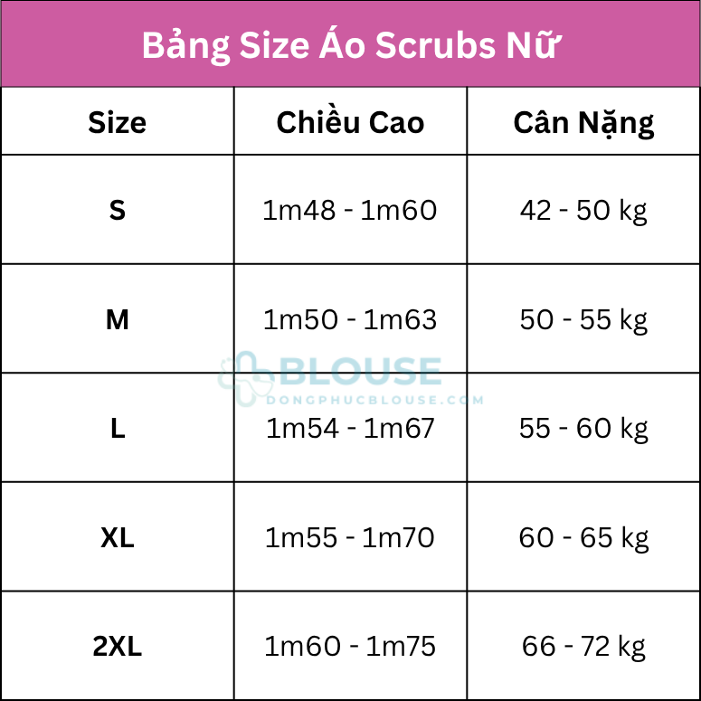 bảng size áo scrubs nữ