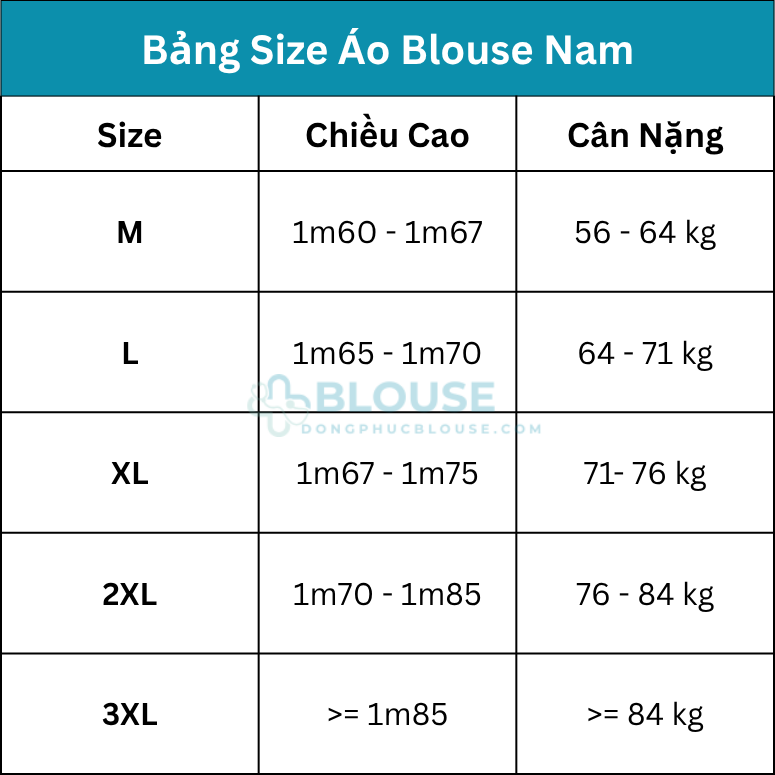 bảng size áo blouse nam chuẩn nhất