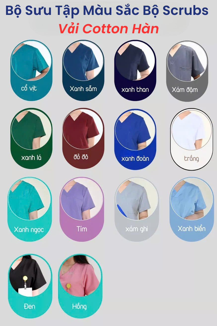 bộ sưu tập màu sắc bộ scrubs cổ tim chất vải cotton hàn cao cấp