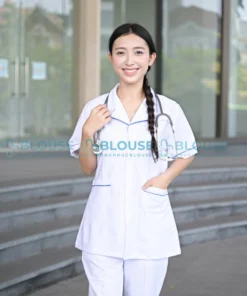 Áo blouse dược sĩ cao cấp viền màu xanh dương1