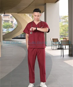 Bộ quần áo scrubs cổ tim cao cấp cho nam màu đỏ đô