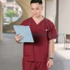 Bộ quần áo scrubs cổ tim cao cấp cho nam màu đỏ đô1