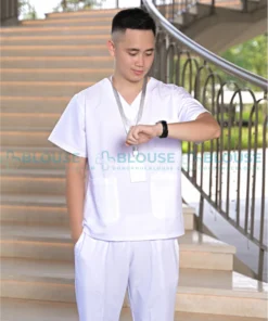 Bộ quần áo scrubs cổ tim cao cấp cho nam màu trắng1
