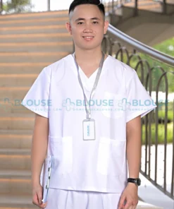 Bộ quần áo scrubs cổ tim cao cấp cho nam màu trắng2