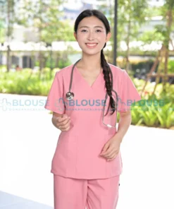 Bộ quần áo scrubs cổ tim cao cấp cho nữ màu hồng