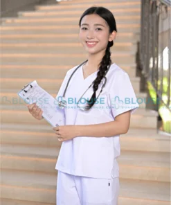 Bộ quần áo scrubs cổ tim cao cấp cho nữ màu trắng