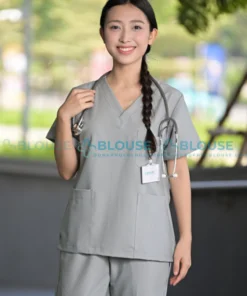 Bộ quần áo scrubs cổ tim cao cấp cho nữ màu xám ghi