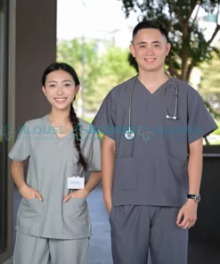 Bộ quần áo scrubs cổ tim cao cấp cho nữ màu xám ghi2
