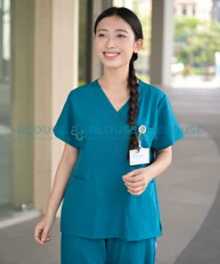 Bộ quần áo scrubs cổ tim cao cấp cho nữ màu xanh cổ vịt3