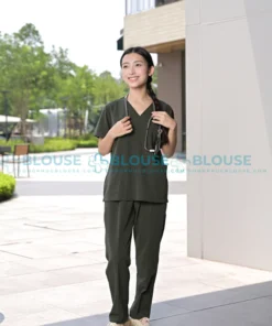 Bộ quần áo scrubs cổ tim cao cấp màu xanh rêu cho nữ1
