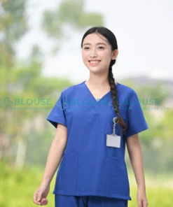 Bộ quần áo scrubs cổ tim vải cotton hàn cao cấp màu xanh đoàn cho nữ2