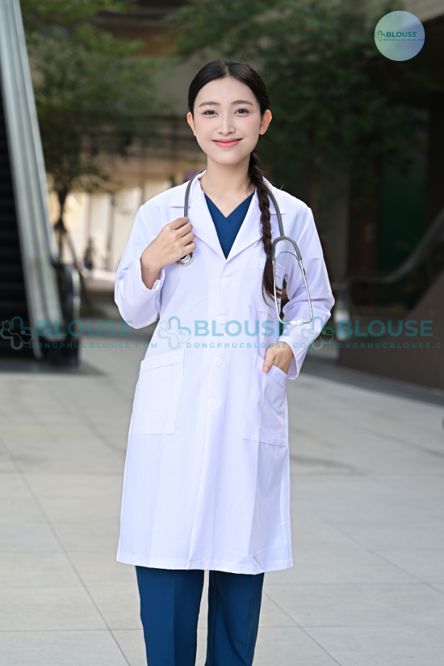 áo blouse bác sĩ nữ vải cotton hàn cao cấp kiểu dáng dài tay1