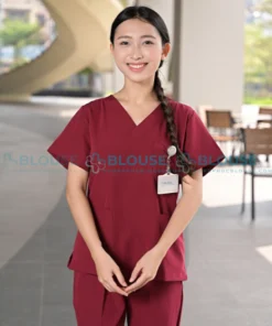 bộ quần áo scrubs cổ tim cao cấp cho nữ màu đỏ đô
