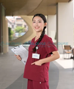 bộ quần áo scrubs cổ tim cao cấp cho nữ màu đỏ đô2