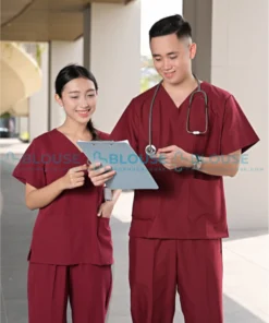 bộ quần áo scrubs cổ tim cao cấp cho nữ màu đỏ đô3