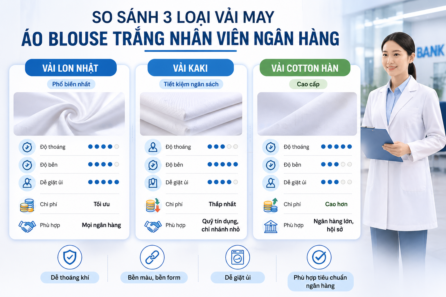 So sánh 3 loại vải để may áo blouse trắng cho nhân viên ngân hàng