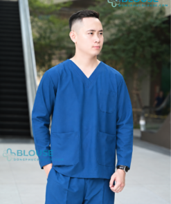 bộ scrubs cổ tim cao cấp kiểu dáng dài tay màu xanh sẫm