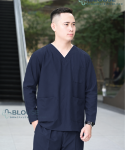 bộ scrubs cổ tim cao cấp kiểu dáng dài tay màu xanh than